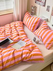 2/3Pcs Simple Orange Pink Stripes Pattern Print Duvet Cover Set Without Filler Breathable Supersoft All-Season (1pc*Duvet Cover + 1/2pcs*Pillowcase, No Pillow Core), Soft Two Tone Bedding Set Dormitory,Machine Washable King Queen Full Twin - Coral Orange - View 6