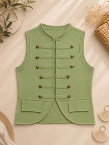 Chaleco de punto casual con cuello redondo, nudo y botones de unicolor, para primavera/verano - Verde - Ver 1
