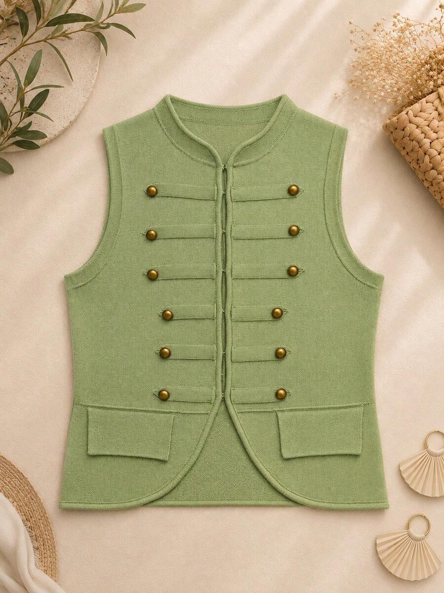 Chaleco de punto casual con cuello redondo, nudo y botones de unicolor, para primavera/verano - Verde - Ver 1