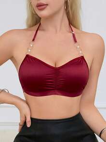 Women's Solid Color Pleated Design Circular Ring Comfortable Bra (Padless) - Burgundy - View 4