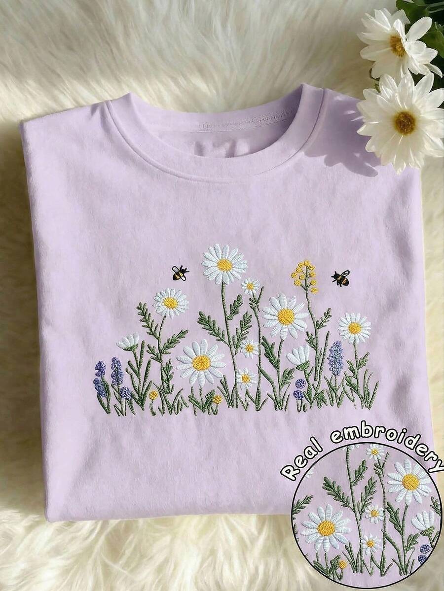 Camiseta de mujer de manga corta y cuello redondo, de estilo casual, con estampado floral vibrante de girasol bordado, para primavera y verano - Púrpura malva - Ver 1