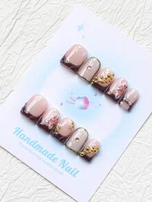 10PCS -Handmade Press On Nails, Square Shape, Fake Nails, Y2K Style, Sturdy Quality, Reusable, Pink, Matching French Style, 3D, Suitable For Daily Wear, Parties,Vacation, And Also The Best Holiday Gift For Girls And Women. - Burgundy - View 2