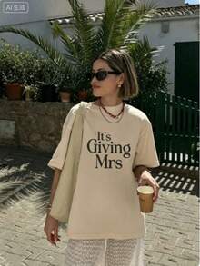 Bachelorette T Shirts Women,Its Giving Mrs Bride To Be Engagement Top,Summer Print Round Neck Short Sleeve,Graphic Tees,Cute,Party Outfit - 杏色 - 查看 1