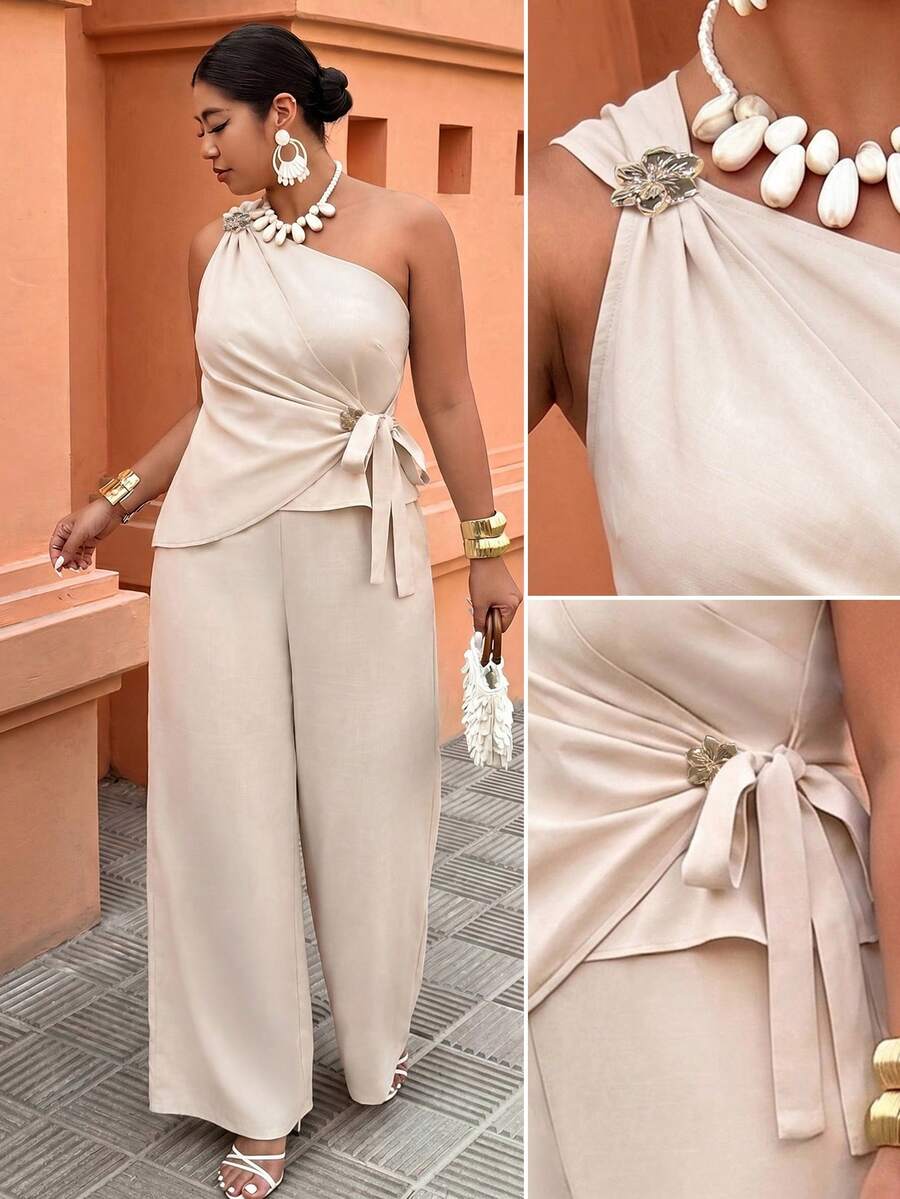 UrbanChic. Summer Plus Size One-Shoulder Waist-Defining Metal Buckle Asymmetric Set Elegant Style Exquisite Commuter Wide-Leg Pants Two Pieces Set - Apricot - View 1