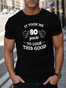 Funny Black T-Shirt For Men To Celebrate Important Events, Short Sleeve T-Shirt With Eight Decades Print, Funny Casual T-Shirt For Anniversary, A Gift Option For Mature Men. - 黑色 - 查看 1
