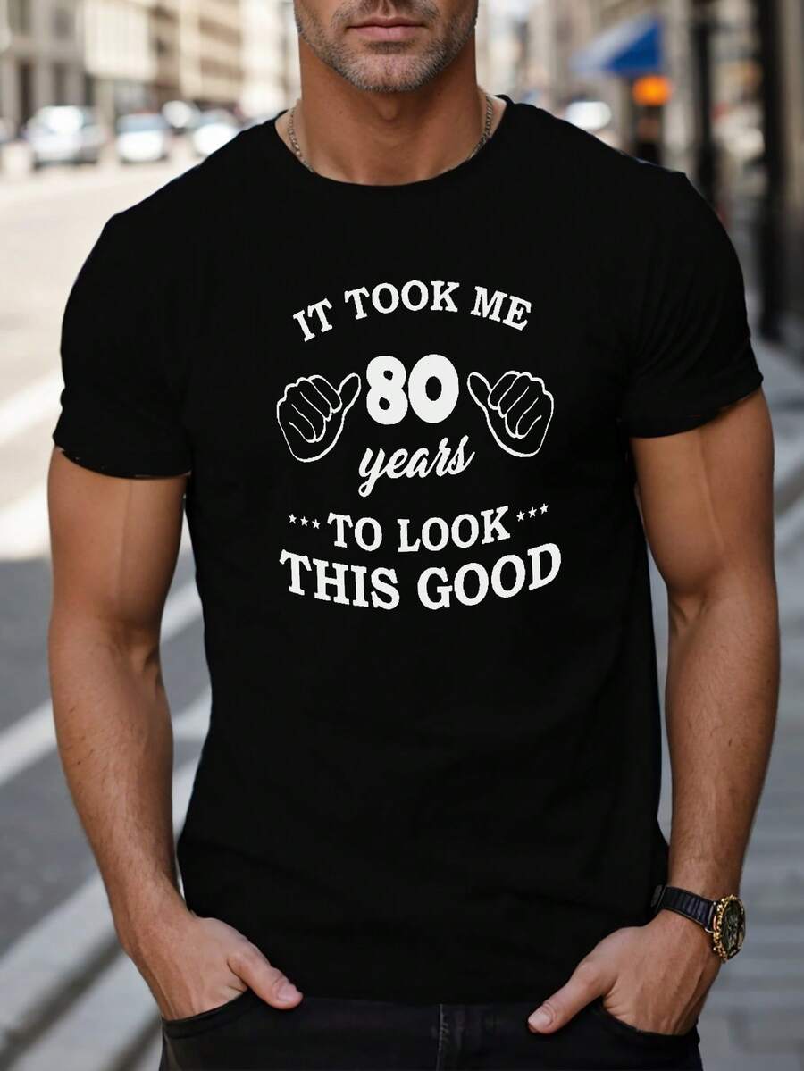 Funny Black T-Shirt For Men To Celebrate Important Events, Short Sleeve T-Shirt With Eight Decades Print, Funny Casual T-Shirt For Anniversary, A Gift Option For Mature Men. - 黑色 - 查看 1