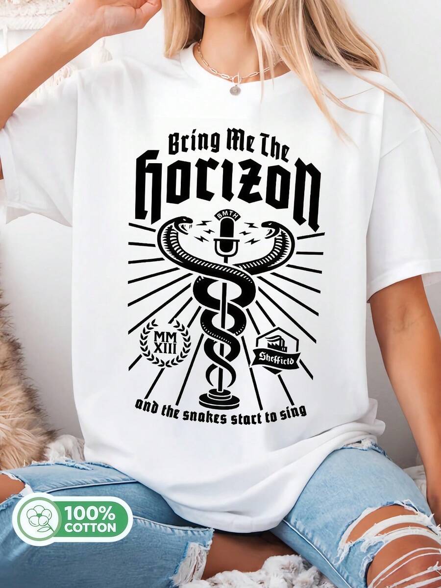 Cotton T-Shirt With Brings Me The Horizon Snakes And Microphone Graphics, Unisex, Metal Style. Summer - White - View 1