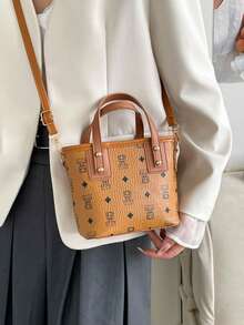 Bear Print Basket Tote Bag, Metal Rivet Handbag, Multi-Color Crossbody Commuter Bag - Multicolor - View 3