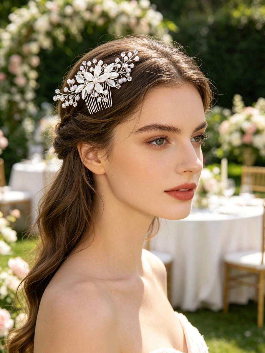 1pc New Korean Style Bridal Wedding Hair Accessory, Handmade White Shell Petal Pearl Crystal Hair Clip - 63475 Silver - View 1