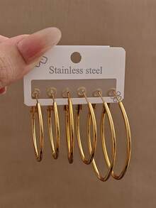 6pcs Exaggerated Vintage Style Gold-Tone Women's Round Textured Stainless Steel Earrings Minimalist Personalized Non-Fading Hoop Earring Set - Yellow Gold - View 3
