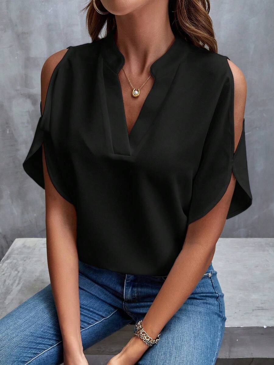 Clasi Blusa de camisa blanca con hombros descubiertos y manga dividida - Negro - Ver 1
