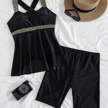 LunaCass8 Swim Lushoire Conjunto De Bikini De Talla Grande Con Panel De Bloque De Color Y Tirantes Anchos Con Top Y Pantalones Cortos Estilo Tanque - Negro01 - Ver 7