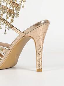 Women's Stiletto High Heel Sandals, Round Toe Fashion Strappy Rhinestone Snake Wrap Open Toe Minimalist Summer Autumn Basic Style - Light Gold - View 5
