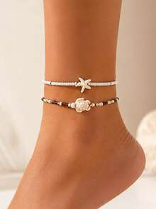 2Pcs Boho Starfish Turtles Conch Seed Beads Chain Anklet For Women Summer Beach Sweet Ankle Barefoot Jewelry Accessories - Multicolor - View 1