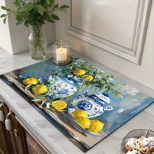 1pc Vintage Blue And White Porcelain Lemon Pattern Kitchen Mat, Non‑Slip Waterproof Countertop Protector Mat, Oil‑Resistant Heat‑Resistant Coffee Bar Decor Mat, Stylish Farmhouse Style Table Mat For Kitchen Counter, Coffee Station, Dining Room Decor, Easy To Clean Kitchen Accessory - Multicolor - View 1
