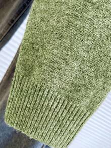 Minimalist Korean Style Grass Green Round Neck Knit Cardigan, Slouchy Versatile Long Sleeve Short Knit Top Fall - Green - View 5