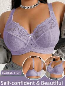 大码女士无钢圈文胸，花卉印花，透气防滑蕾丝拼接，支撑提拉，可调节肩带，无缝设计，适合日常穿着 - 淡紫色 - 查看 3