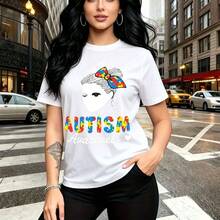 Camiseta de mujer con estampado de concienciación sobre el autismo y piezas de rompecabezas coloridas - diseño urbano con silueta femenina y corazón, ajuste cómodo y moderno, ideal para paseos por la ciudad o eventos comunitarios - regalo perfecto pa - Blanco - Ver 11