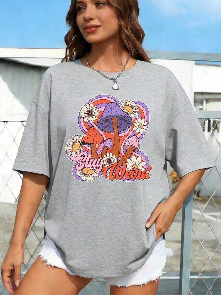 Mother GiftsPAYEAH 1pcs 100% Cotton Mushroom Cartoon Print Crew Neck 220g Heavy Cotton T Shirtgoing Out Outfits - Ight - View 1