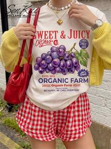 Minimalist. 100% Cotton. Retro French Grape Print T-Shirt, Niche Design, Casual And Versatile Style, Short-Sleeved Top, Casual Short-Sleeved Top With A Scoop Neck For Summer And Spring, Women's Clothing. Spring And Summer Top. - 白色 - 查看 5