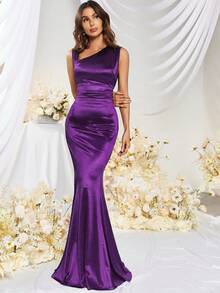 MUXXN Vintage 1950s Asymmetric Neckline Mermaid Hem Satin Party Dress Wedding - Purple - View 4
