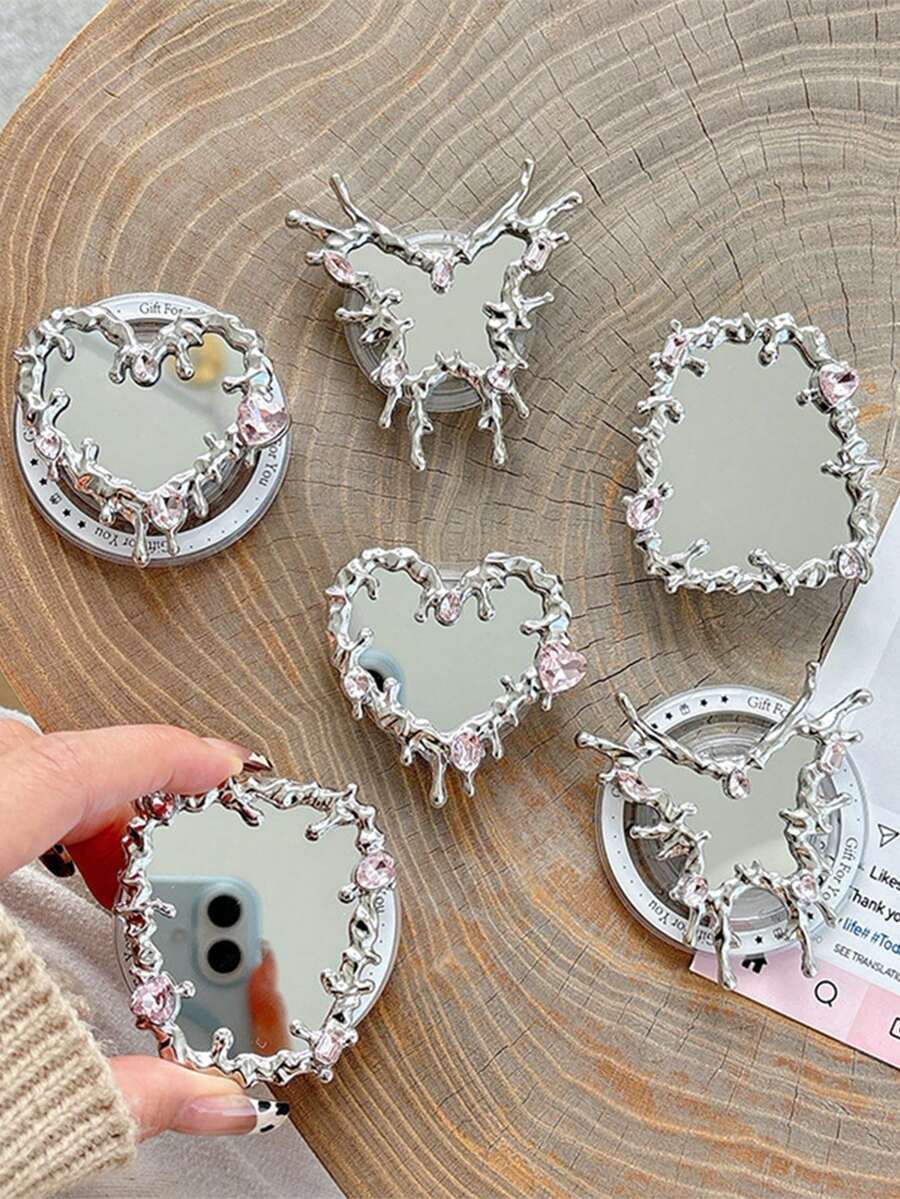 Fancy Rhinestone Mirror Irregular Butterfly & Heart Phone Grip, Retractable Phone Stand, Adhesive Phone Holder - Multicolor - View 1