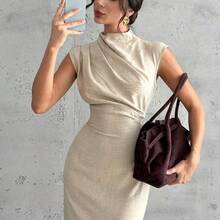 dagjydgfyja  Vestido de verano de mujer elegante de unicolor con cuello de pie que ciñe la cintura - Amarillo claro - Ver 7