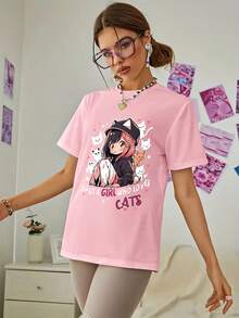 Camiseta de nuevo estilo con estampado de letras y gato para mujer, manga corta, versátil y a la moda, top juvenil] Adecuada para uso casual diario - Rosa - Ver 5