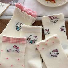 Miniso Hello Kitty 荷葉邊飾中筒襪，優質棉混紡，柔軟透氣親膚，彈性休閒襪，圓點與蝴蝶結印花，舒適時尚襪，適合日常穿著、街頭風格與日常使用 - 樣式 4 - 查看 4