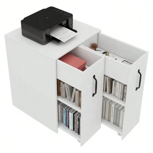 Small Rolling Bookcase 52 X 50 X 75 Cm – With Shelves And Drawers, Reversible Left/Right Configuration, Fully Extendable Single Unit, With Anti-Tip Protection, Bedside Table - White - View 1