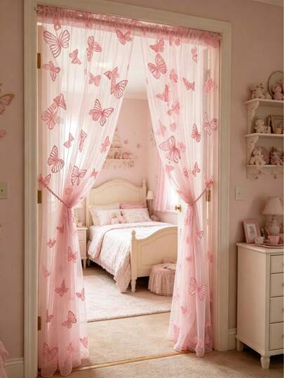 1pc Pink Butterfly Door Curtain, Crib Curtain, Bedroom Door Curtain, Wall Decor Backdrop, Nursery Decor, Baby Shower Supplies, Bridal Shower, Wedding Arch Fabric, Girl Birthday Gift, Party Favor, 1st Birthday, Home Decor, Living Room Decor, Butterfly Decoration