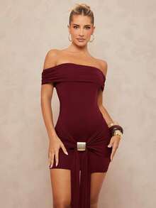 Women's Fitted Mini Dress With Ruched Ruffles And Off-The-Shoulder Design, Metal Embellishment - Putih - View 1