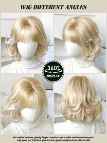 10 Inch Light Blonde Short Wavy Bob Synthetic Wig For Women Premium Soft Synthetic Heat-Resistant Fiber Hair Full Machine Wigs For Women Daily Use Holidays - Perfect For Festival Party - Wig Accessory Women's Gift.(Accessories Not Included) - Gold - View 4