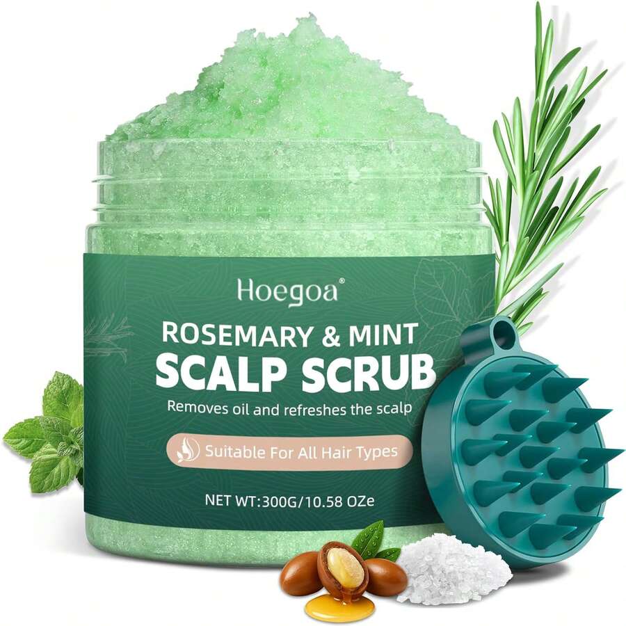 Rosemary Scalp Scrub & Exfoliator - For Fuller-Looking Hair - Sea Salt & BHA Scalp Treatment With Silicone Massage Brush - Deep Cleansing For Oily Roots - Rosemary - View 1