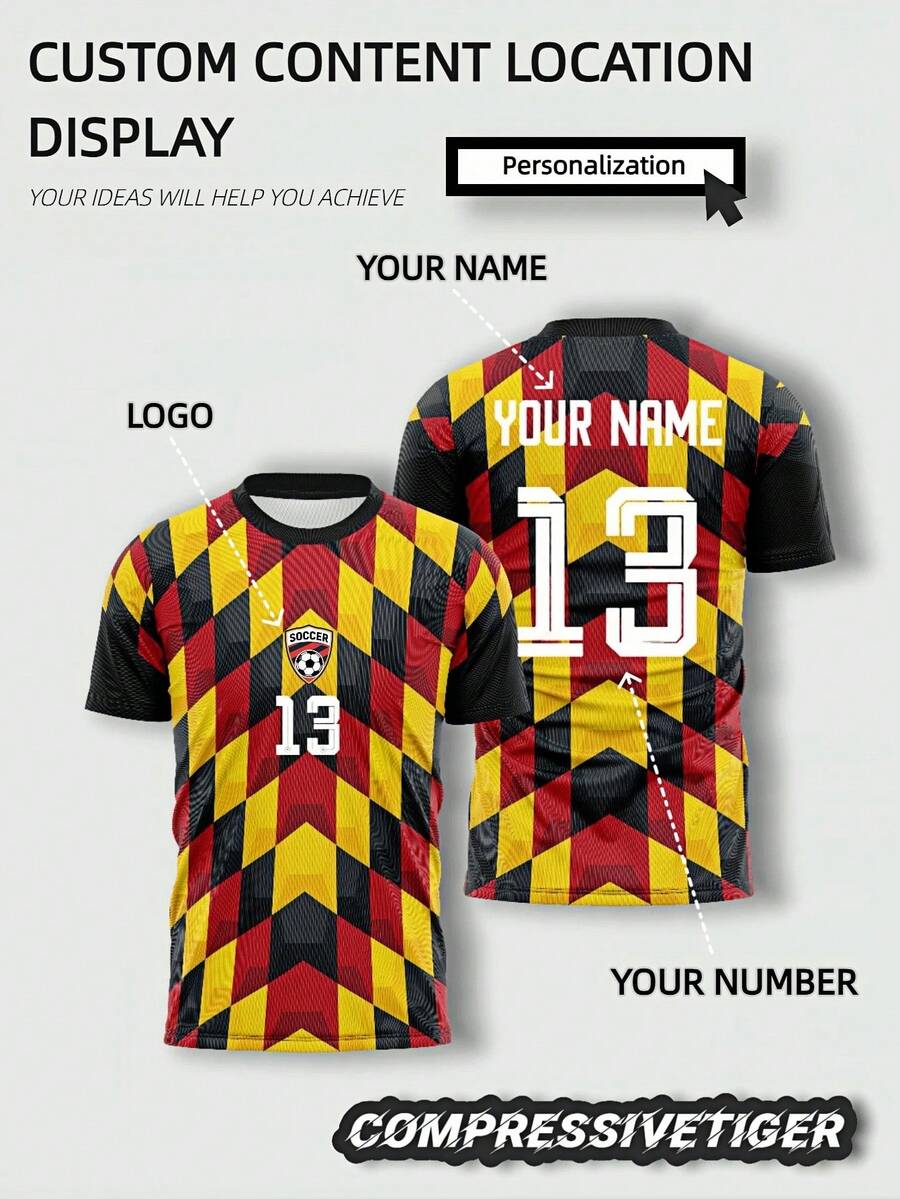 1pc Customized 2026 German Style Football Jersey With Personalized Name And Number - Red Yellow Black Plaid Pattern, Breathable And Comfortable Football Top, Suitable For Men And Teens, Training Customized Men's Sportswear, Perfect Gift For Friends And Family - Red - View 1