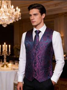 Men's Cashew Jacquard Single-Breasted Suit Vest - Hot Pink - View 1