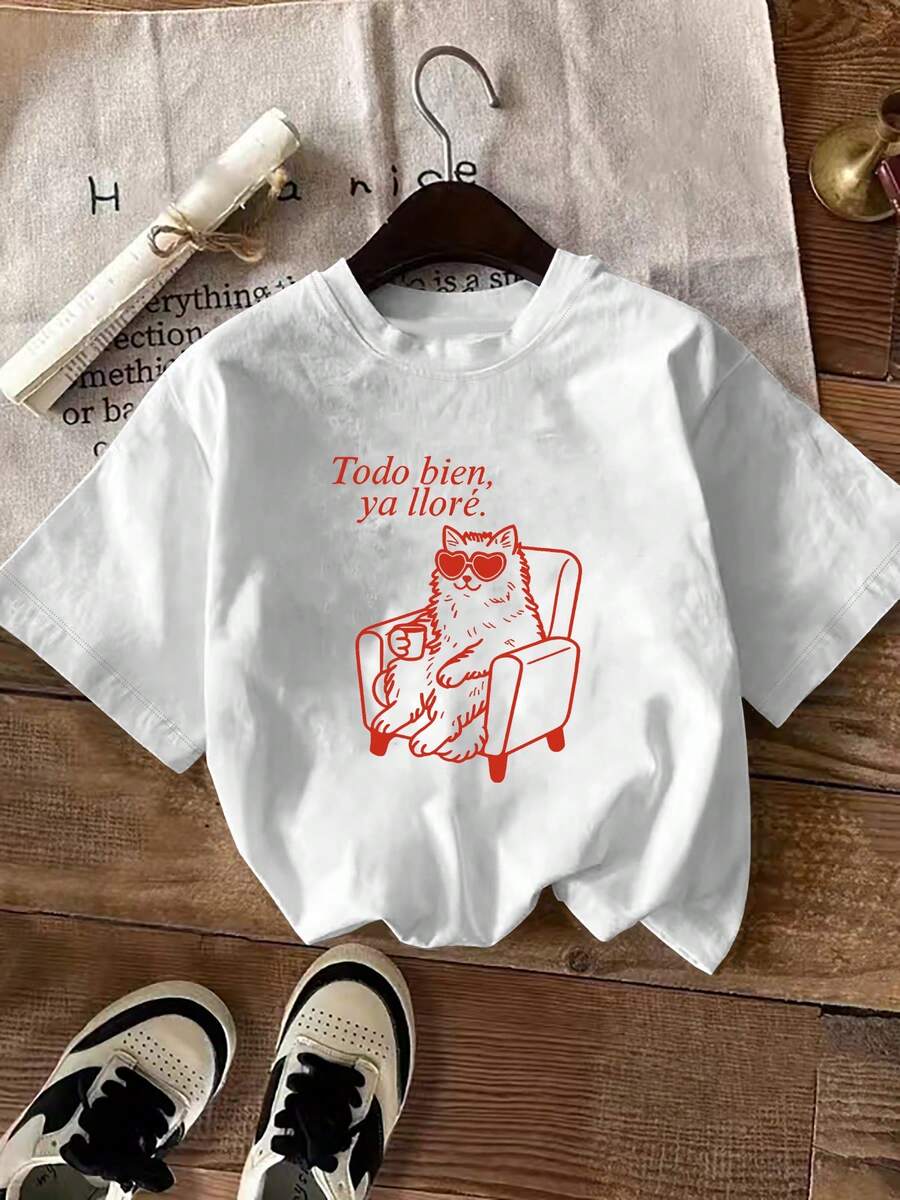 Minimalist. 100% Cotton. 1paPlus Size - Large Size - Stylish Women's T-Shirt With Cartoon Cat And Spanish Text. | New Short-Sleeved Summer T-Shirt With A Round Neck, Slightly Stretchy Fabric, Print. Spring/Summer Top - 白色 - 查看 1