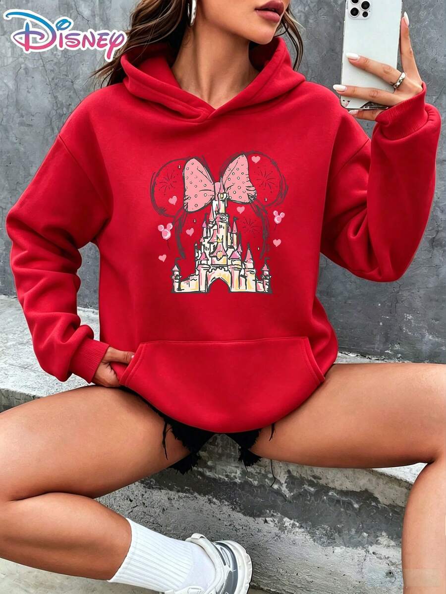 Disney Minnie Mouse Head Silhouette Hand-Drawn Magic Castle Fireworks Balloons Cartoon Graphic Pullover Hoodie Women's Casual Daily Wear Long Sleeve Theme Park Vacation Outfit Sweet Cute Style Everyday Top It Is A Gift For Fans And Friends, And It Is Also A Perfect Gift Choice For Relatives, Friends And Lovers. - 紅色 - 查看 1
