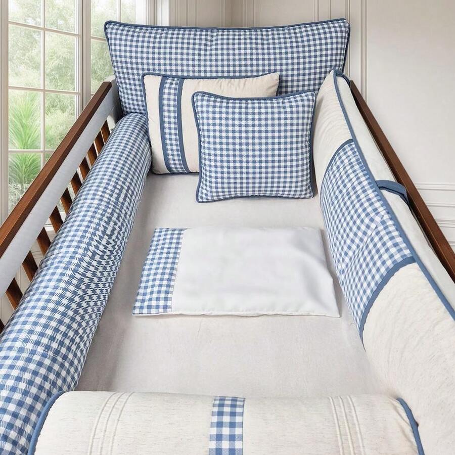 American Standard Crib Set, 8 Pieces, Checkered Pattern, Sintonia, 200 Thread Count Percale - Teal Blue - View 1