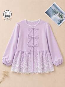 Rikumo Women's Sweet Bowknot Round Neck 3/4 Sleeve High Waist Embroidered Patchwork Blouse, Tops, Spring Tops, Summer Tops Vacation - Mauve Purple - View 4