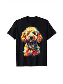 Men's Poodle Graphic T-Shirt - Black Top With Fluffy Puppy Design, Comfortable Casual Shirt For Pet Enthusiasts, Suitable For All Seasons, Crew Neck Style, Fun Outfit, Bright Colors, Breathable Fabric - 黑色 - 查看 1