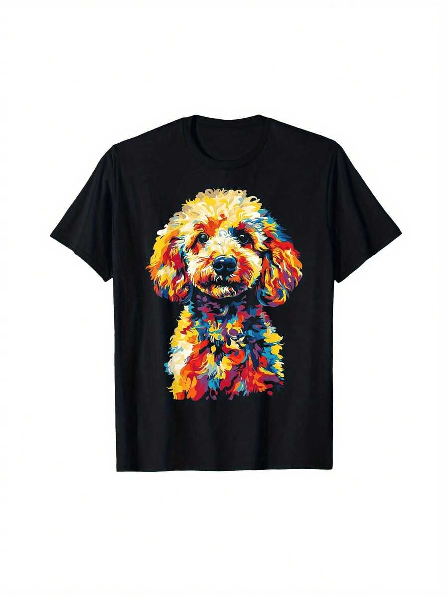 Men's Poodle Graphic T-Shirt - Black Top With Fluffy Puppy Design, Comfortable Casual Shirt For Pet Enthusiasts, Suitable For All Seasons, Crew Neck Style, Fun Outfit, Bright Colors, Breathable Fabric - 黑色 - 查看 1