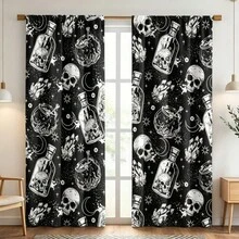 2pcs1set Gothic Skull And Bottle Print Blackout Curtains - Bat Design, Machine Washable Polyester, Bedroom, Living Room, Kitchen Decor (Rod Not Included), Living Room Curtains - Multicolor - View 17