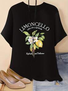 Women's T-Shirt With Round Neck And Short Sleeves With Lemon Print. - 黑色 - 查看 1