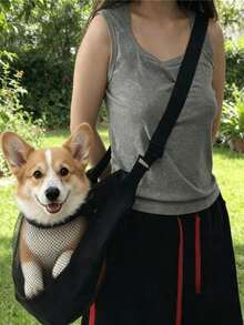 1pc Spring/Summer Breathable Mesh Pet Carrier Bag | Cat And Dog Universal Shoulder/Crossbody Bag | Lightweight Comfortable Pet Carrying Bag | Suitable For Small Dogs And Cats Travel - Black - View 2