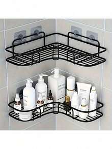 1pc Drill-Free Black Metal Corner Shelf, Wall-Mounted Waterproof Rust-Proof Storage Rack, Bathroom Shower Shampoo Skincare Cosmetics Toiletries Organizer, Space-Saving, Formaldehyde-Free - Multicolor - View 1