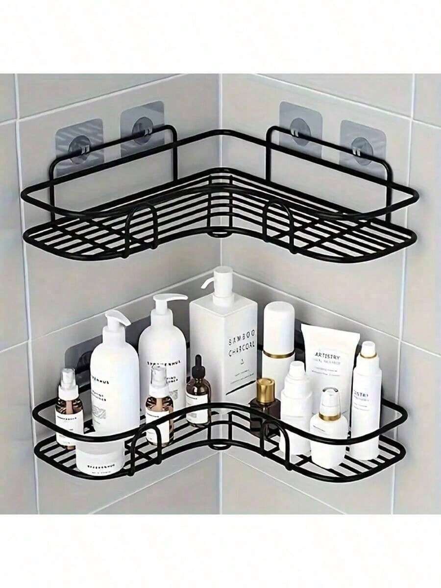 1pc Drill-Free Black Metal Corner Shelf, Wall-Mounted Waterproof Rust-Proof Storage Rack, Bathroom Shower Shampoo Skincare Cosmetics Toiletries Organizer, Space-Saving, Formaldehyde-Free - Multicolor - View 1