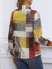 Camisa casual retro de manga larga con estampado de botones en bloques de color, estampado de cuadros con botones delanteros para vacaciones - Amarillo Mostaza - Ver 3
