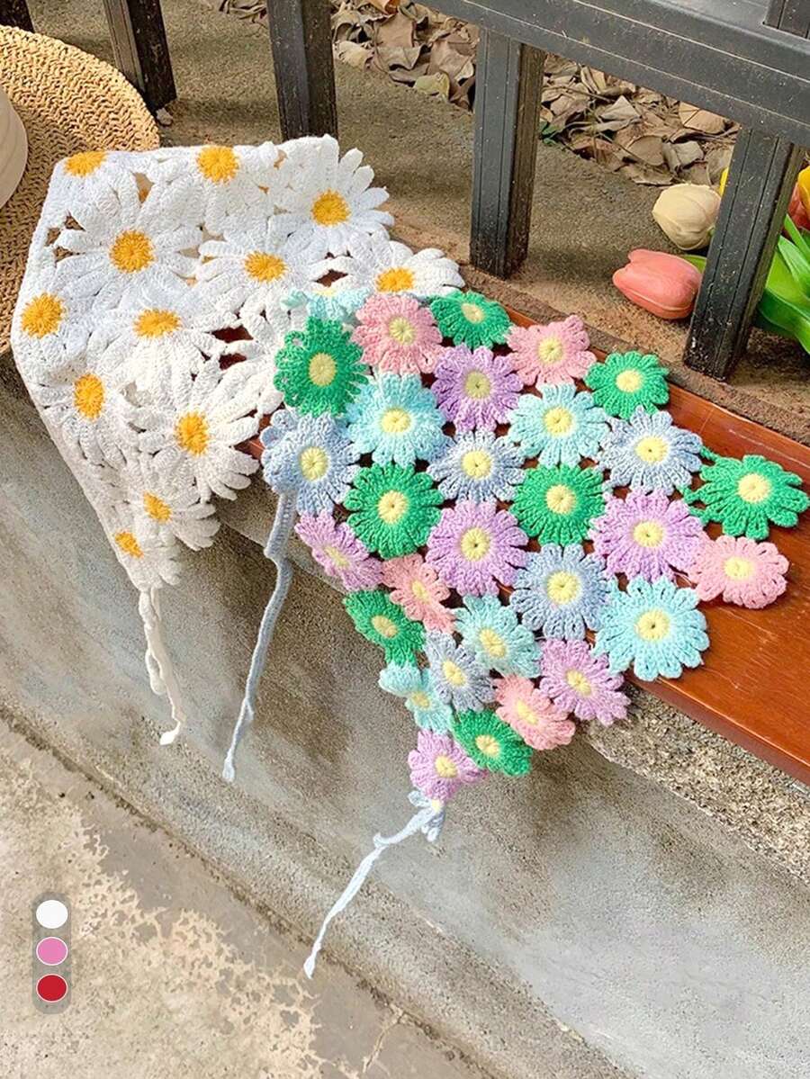 夏季海灘防曬頭巾，女款波希米亞風度假穿搭，手工編織三角巾，鉤針髮帶，鄉村風頭巾夏季髮飾海灘巾度假女款方巾 - 彩色 - 查看 1