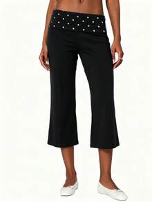 Women Casual Capris Pants, Folidover Waist Slim Fit Cropped Trousers For Summer, Spring, Daily Life - Dark Grey - View 4